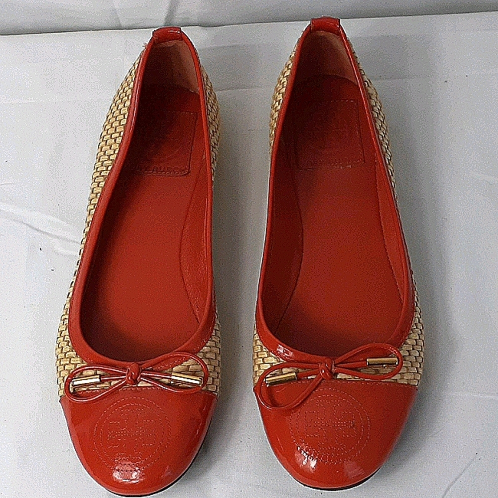 Tory Burch Womens Size 7 Orange Patent Leather and Straw Ballet Flats